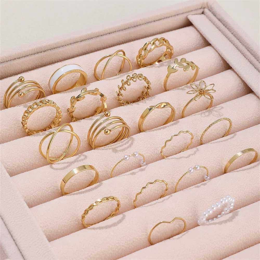 22Pcs/Set Bohemian Style Faux Pearl Vintage Leaves Layered Cross Geometric Multi-Element Ring Suitable For Womens Daily Wear M251215