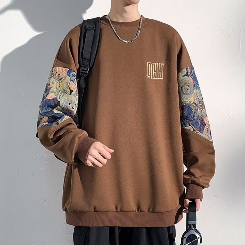 Men's New Autumn Chinese Style Hoodie, Traditional Chinese Trend Embroidered, Plus Size, Unhooded Crew Neck, Inner Wear, Casual Top, Men's C