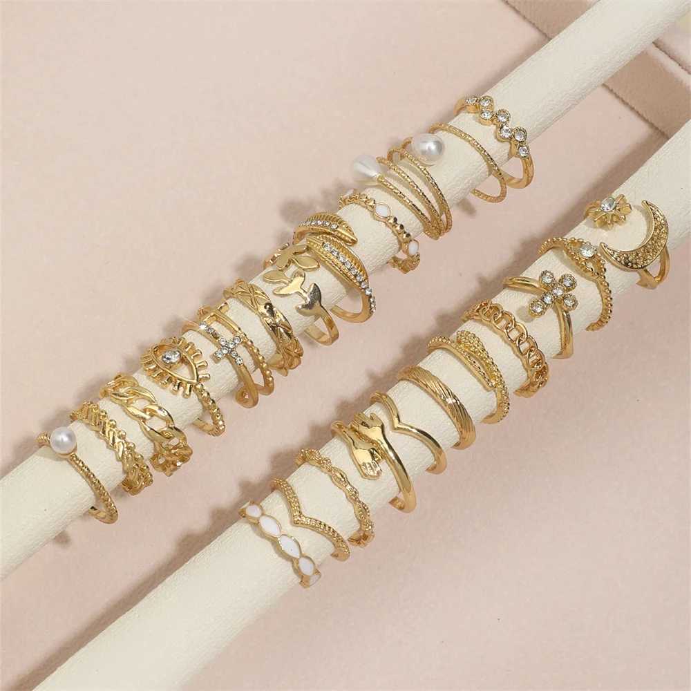23Pcs/Set Faux Pearl Cross Eye Moon Star Hug Snake Chain-Shaped Metal Multi-Element Rhinestone Ring For Women Birthday Gift M251215