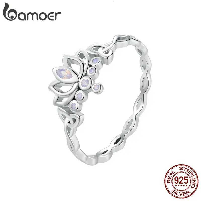 Bamoer Lotus Ring 925 Sterling Silver Elegant Flower Purple Zircon Women Unique Natural Plant Design M251215