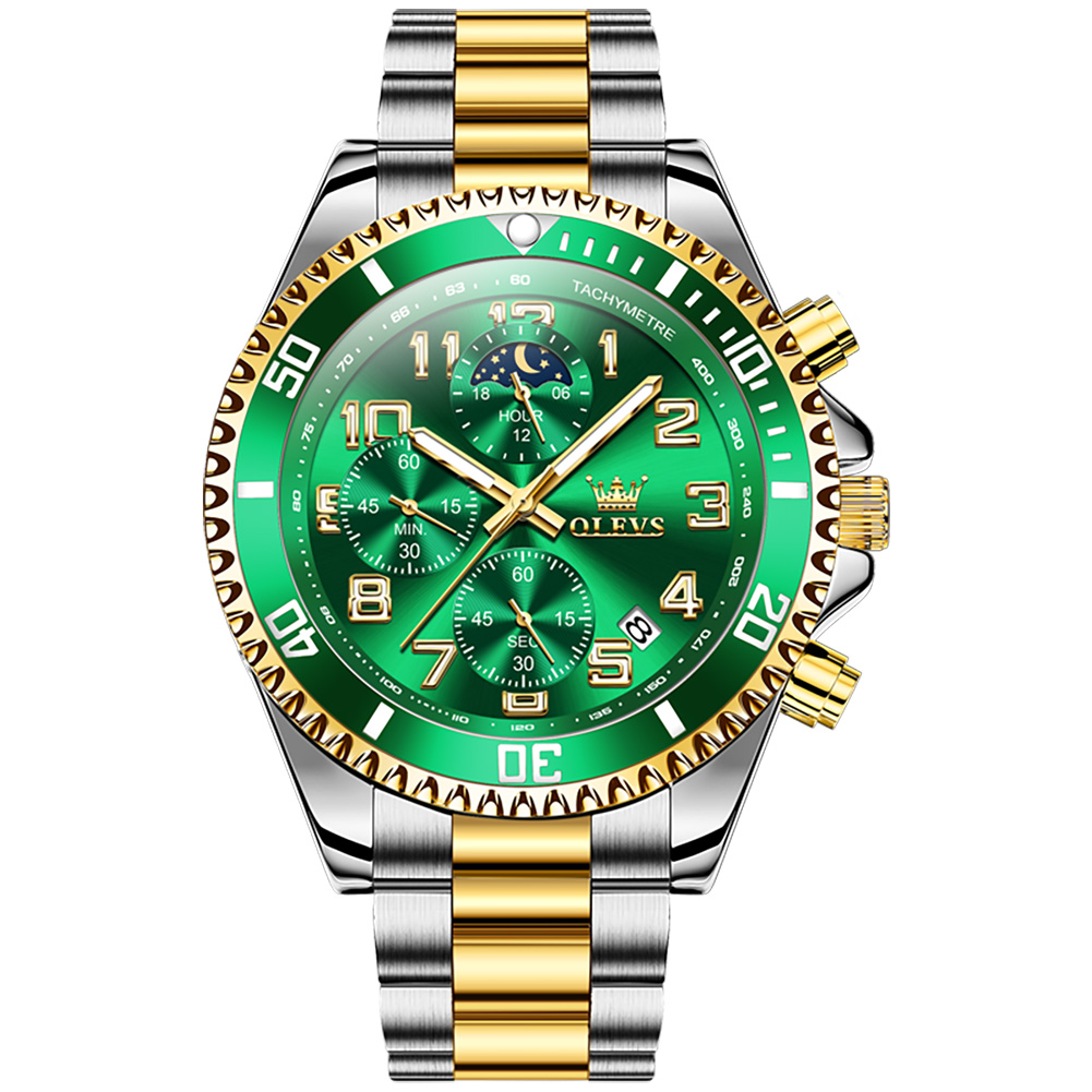 OLEVS True three pin multifunctional moon phase watch for men 30M Waterproof 43MM Hands Numbers EasyRead Date