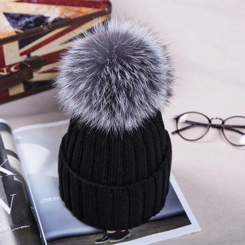 WZCX Thicken Stripe Girl Pompom Hat Keep Warm Fashion New Outdoor Solid Color Fake Fur Casual Women Beanie Winter Hat D18110601