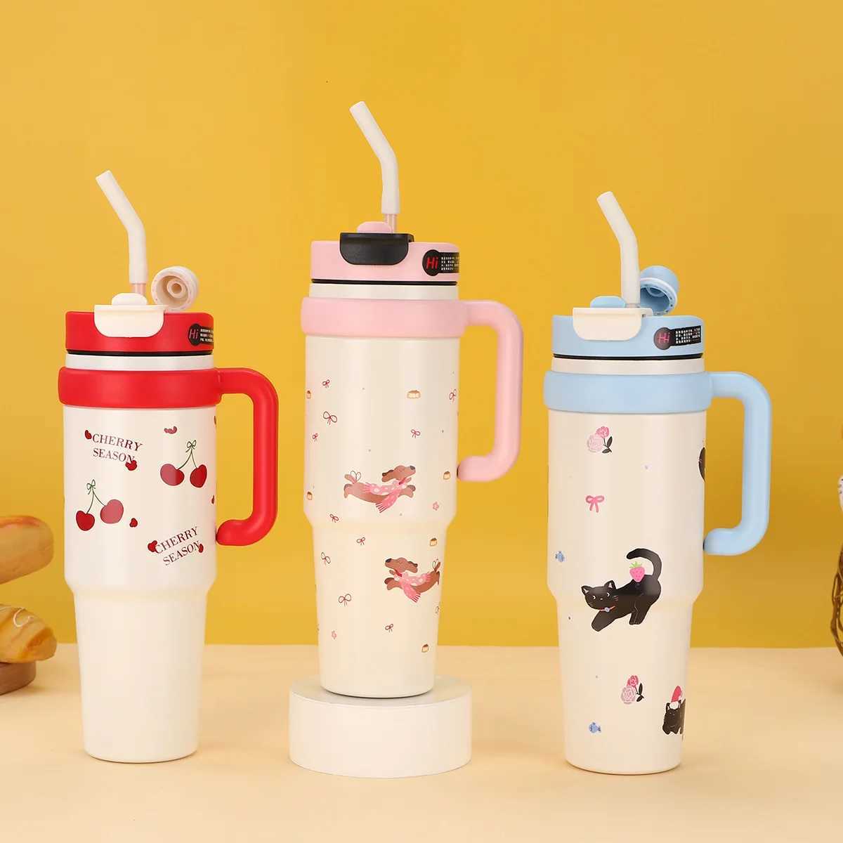 Insulated Tumbler with Hanlde 1000ml Metal Stainless Steel Vacuum Portable Straw Cup Large Thermal Mug for Hot and Cold Coffee H251215