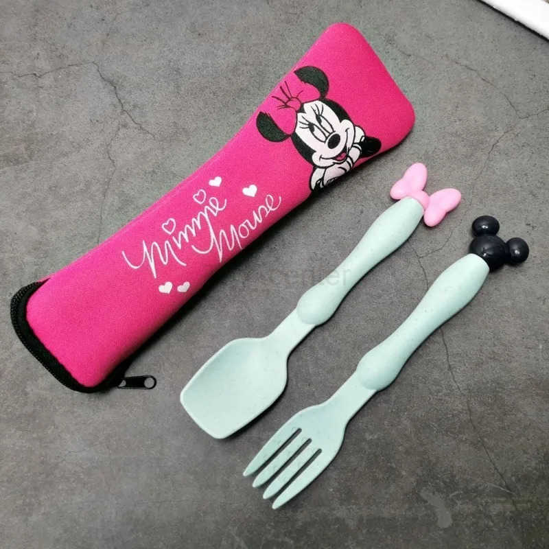 Disney Cartoon Stainless Steel Cute Mickey Mouse Children Portable Tableware High-Pretty Student Cloth Bag Spoon Fork Set H251215