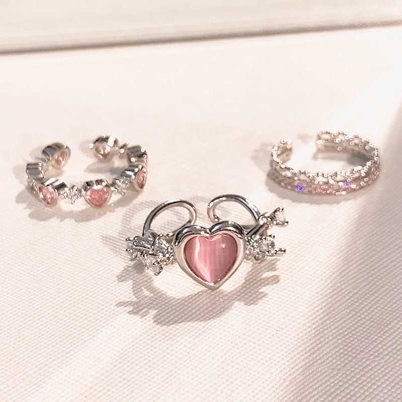 3pcs Fashion Heart Zircon Open Rings Set for Women Gothic Sweet Girls Geometric Finger Rings Y2K Party Jewelry Accessories M251215