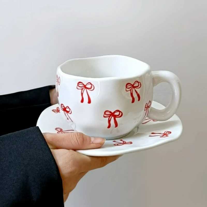 Korean Style Cute Bow Coffee Ceramic Cup Plate Set Creative Vintage Hand Painted Household Off Milk Breakfast Water Cups New H251215