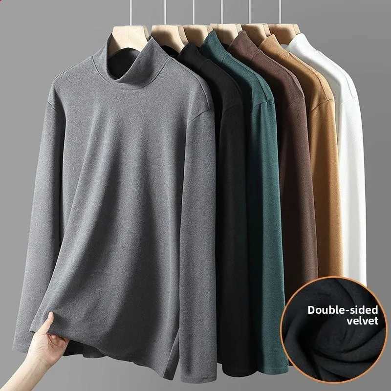 Mens Double-Sided Fleece Collar Thermal Long T-Shirt Sleeve Crew Neck Elastic Warm Underwear Autumn Winter Bottoming Shirts G251215