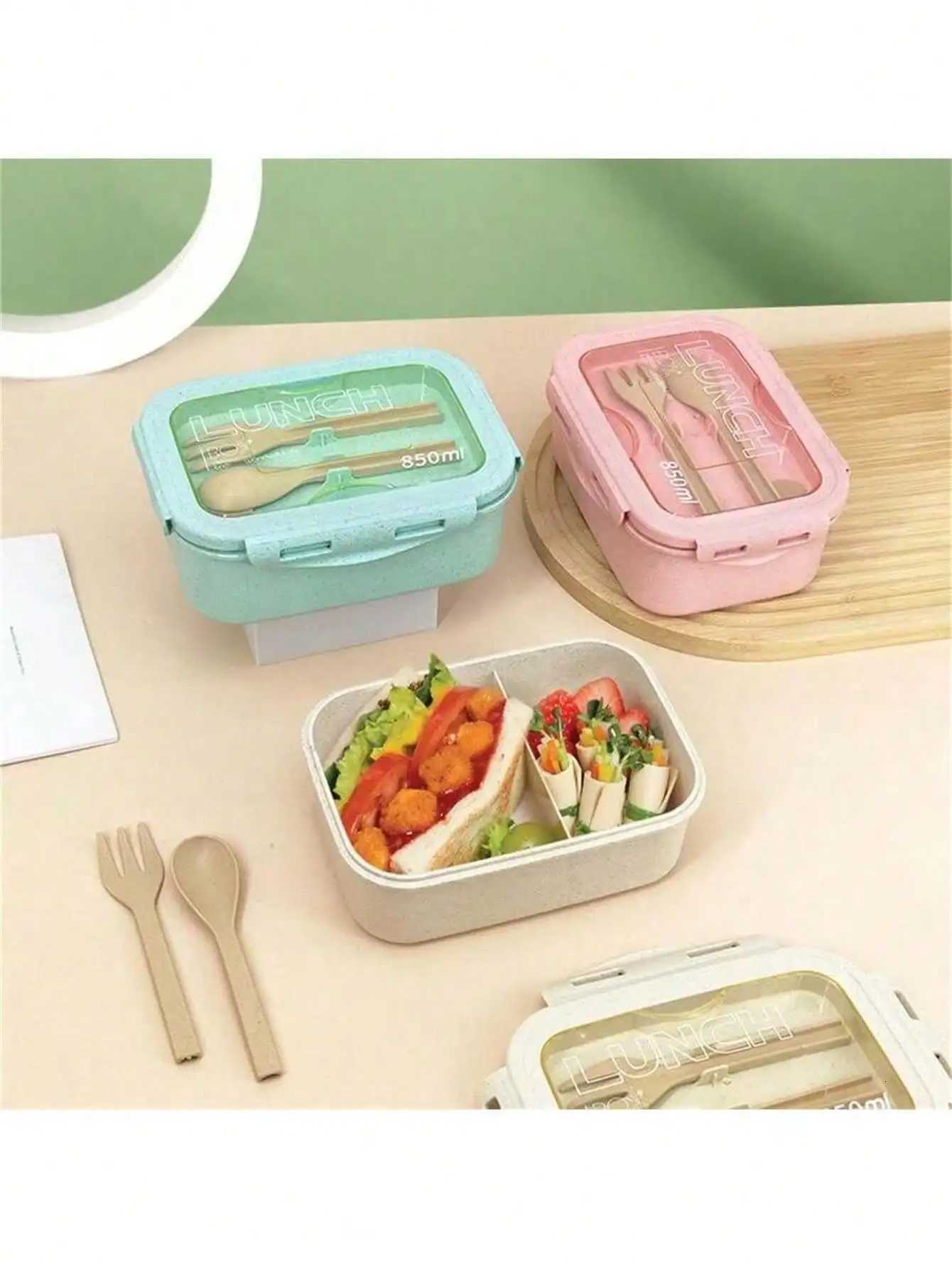 1pc lunch box with two cpartments built-in cutlery set reusable and microwave heated with lid removed suitable for kitche H251213