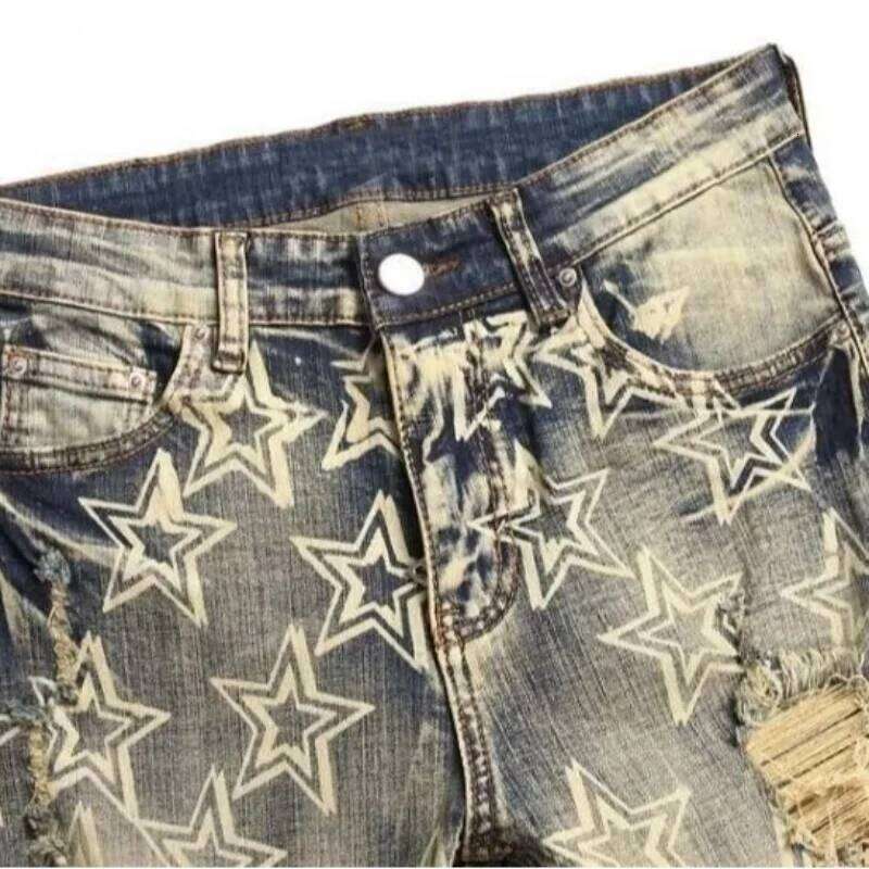 High street trendy brand new men's retro distressed jeans patch slim fit leggings C251215