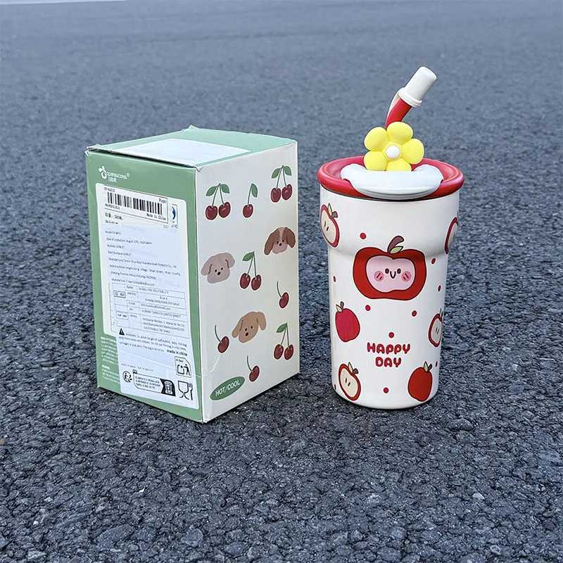 1pc Cute Cat Apple Insulated Water Cup 690ML Desktop Anti-Slip Straw CupDual-Drinking Coffee Mug H251215