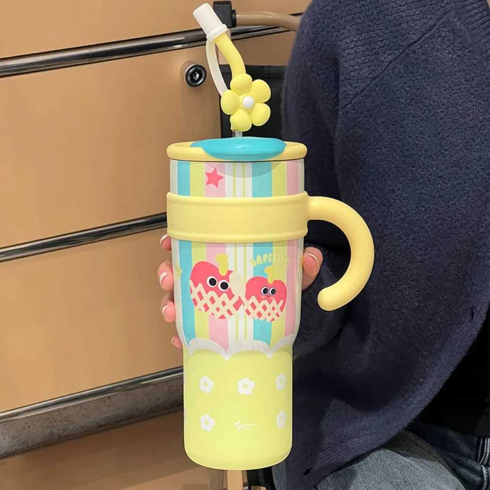 Fashion 700ML/1200ML Insulated Cup Cartoon Stainless Steel Drinking Straw Cup with Handle Large Capacity Car Coffee Mug H251215