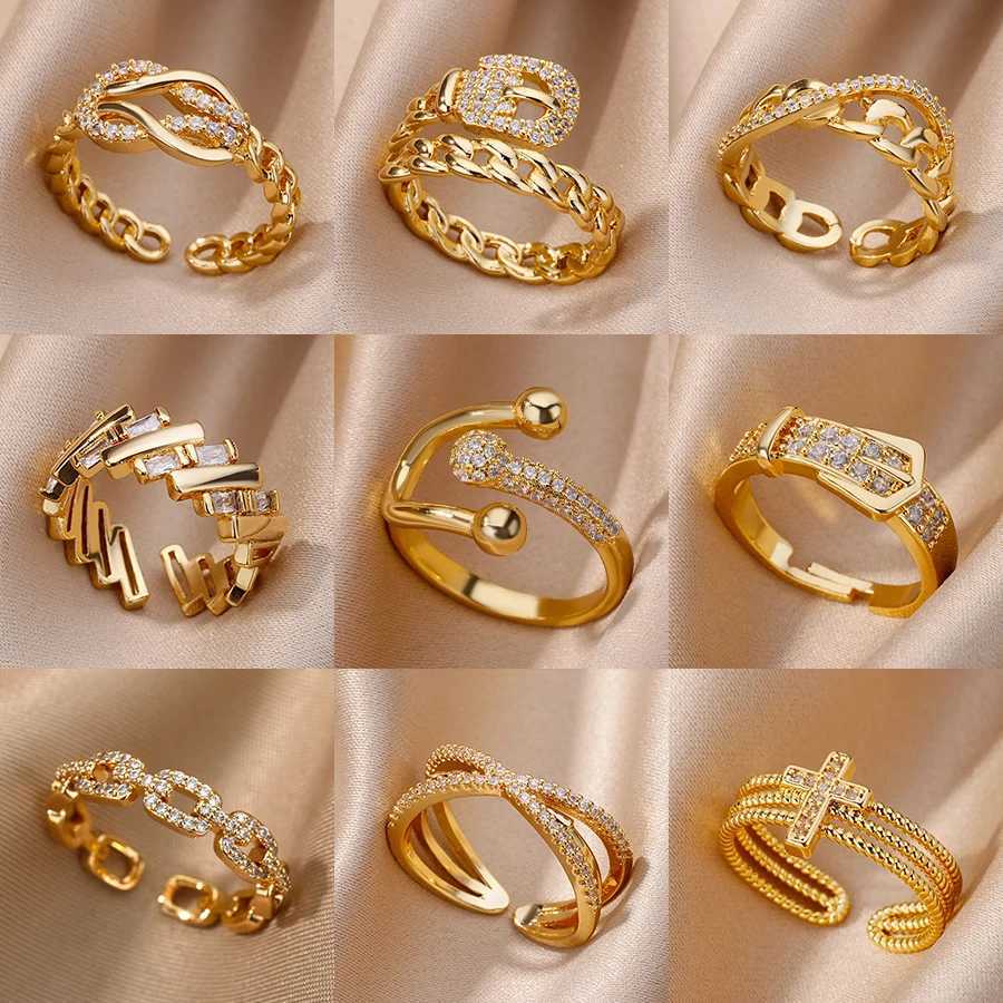 Fashion Chain Hollow Out Rings For Women Gold Color Stainless Steel Zircon Cross Open Ring Trendy Wedding Aesthetic Jewerly Gift M251215