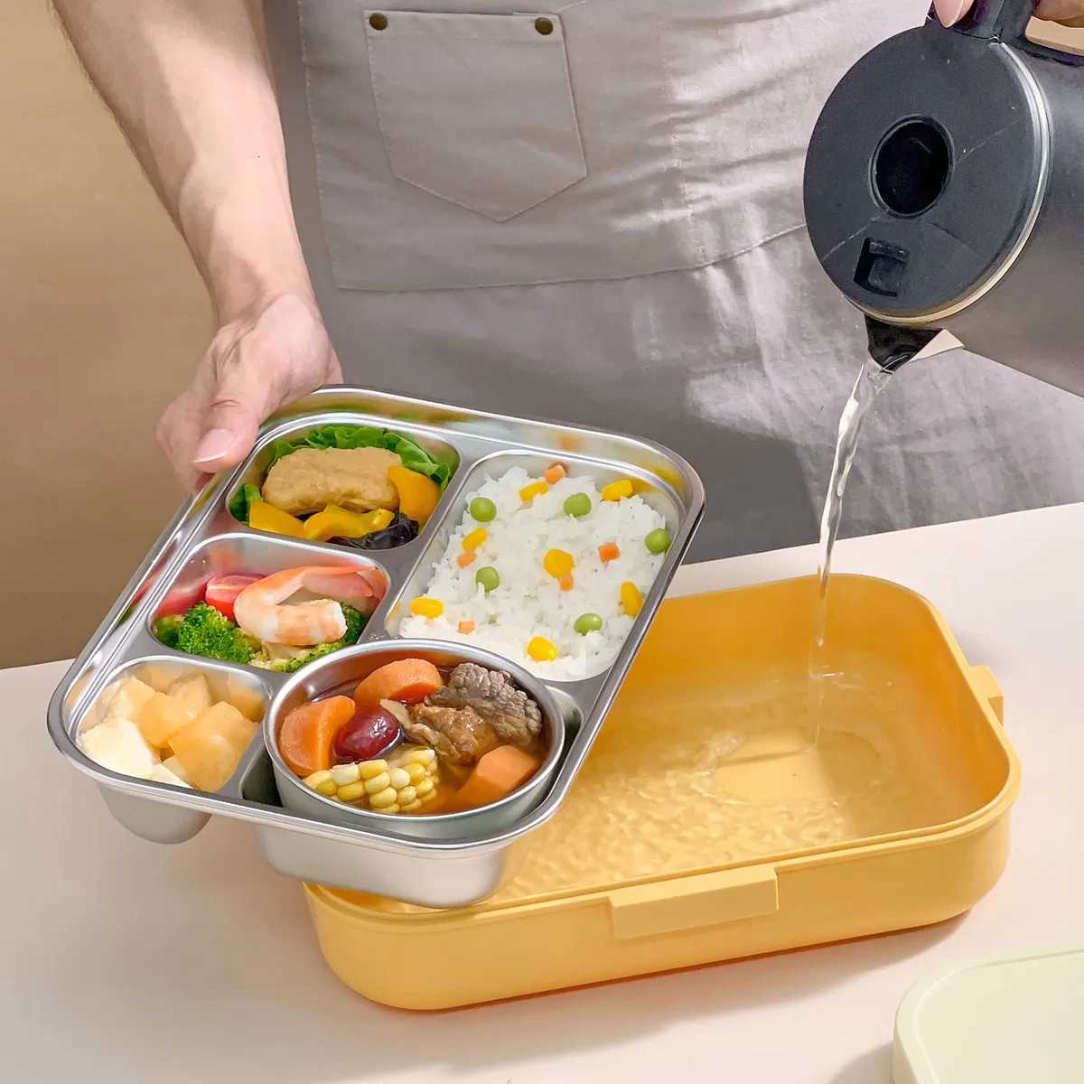 WORTHBUY Large Capacity Lunch Box For Kids Students With Bowl Cutlery 4/5 Grids Sed 304 Stainless Steel Food Container Set H251213