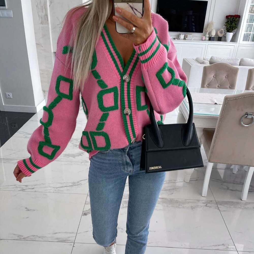 Autumn Winter Jacquard Knitted Coat Women Fashion V-neck Long Sleeve Single Breasted Knitting Cardigan Coats Female Streetwear