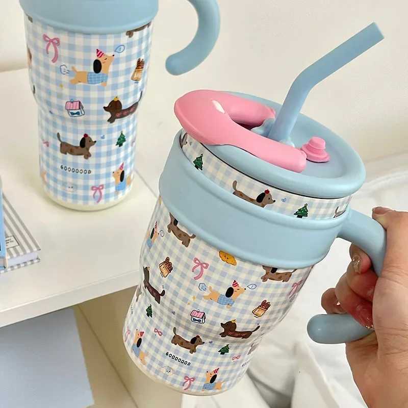 700/1200ml Large Capacity Straw Thermos Cup Stainless Steel Tumbler Bottle Car Travel Mugs With Handle Kawaii Thermos Cup Gift H251215