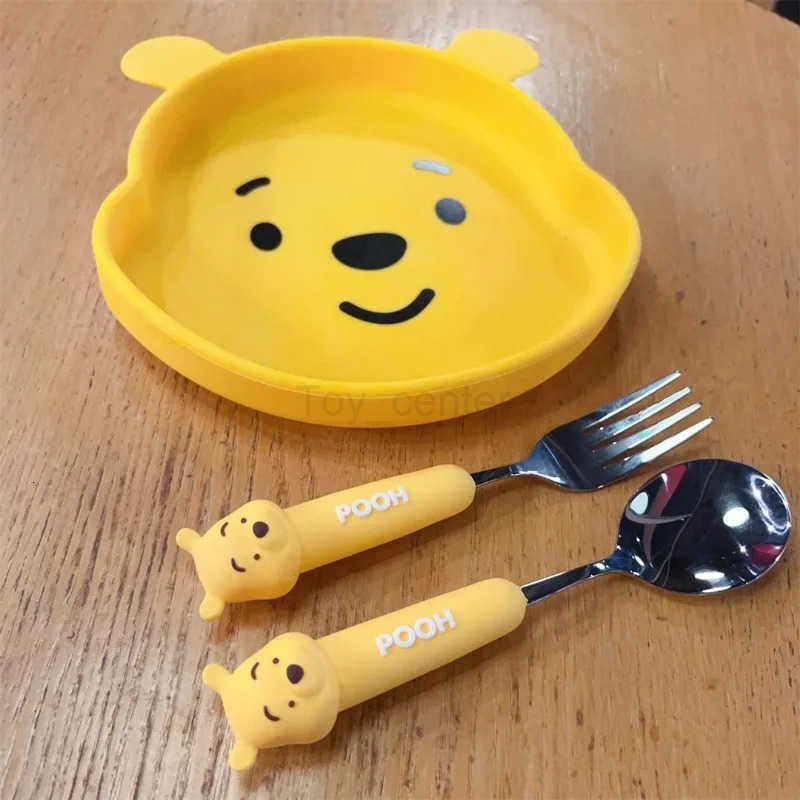 Disney Winnie the Pooh silicone dinner plate with fork and spoon set childrens tableware suction cup anti-fall tableware tray H251215