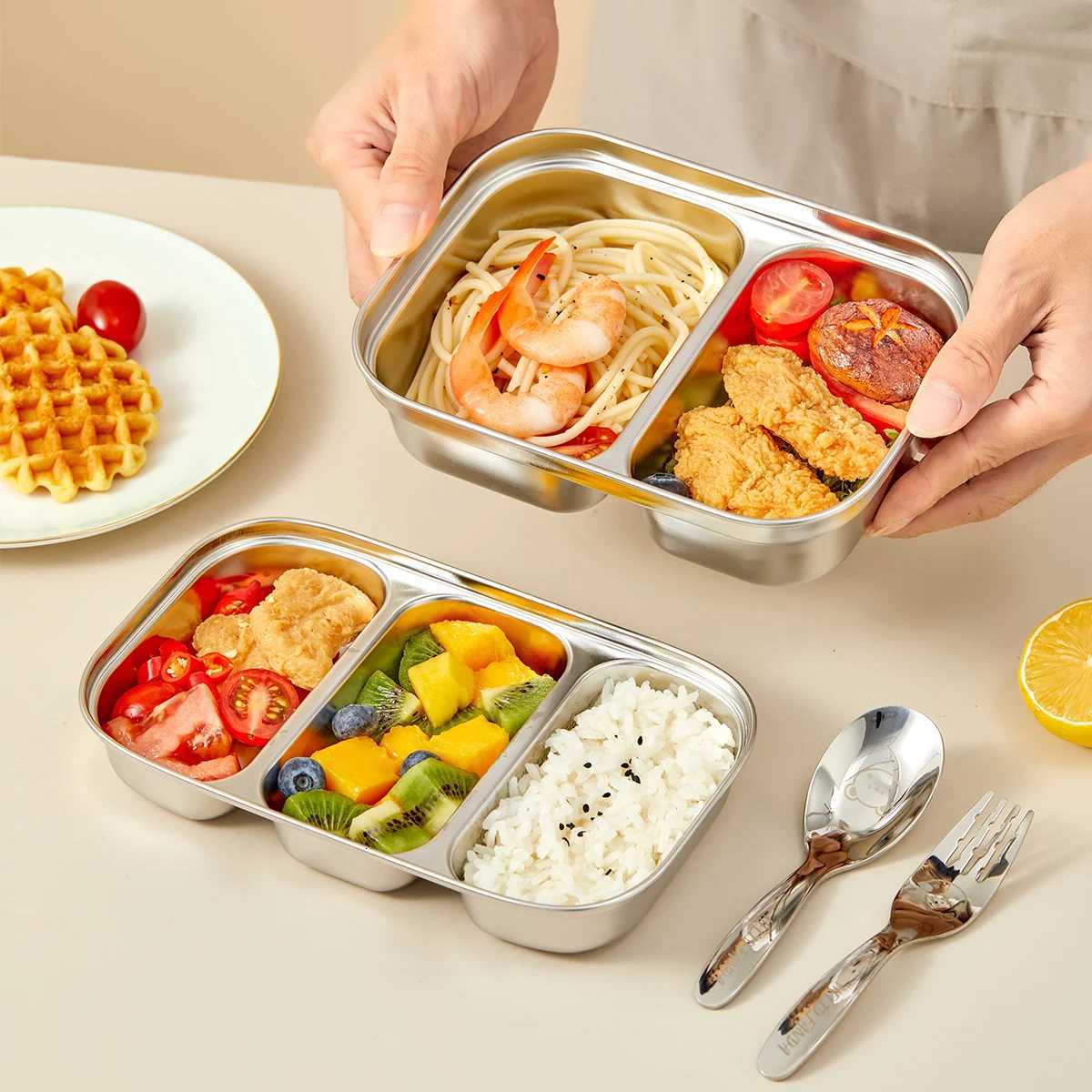 WORTHBUY 2/3 Grids 304 Stainless Steel Dinner Plate Durable Dinning Plate Canteen Large Capacity Food Plate For Kids Students H251213