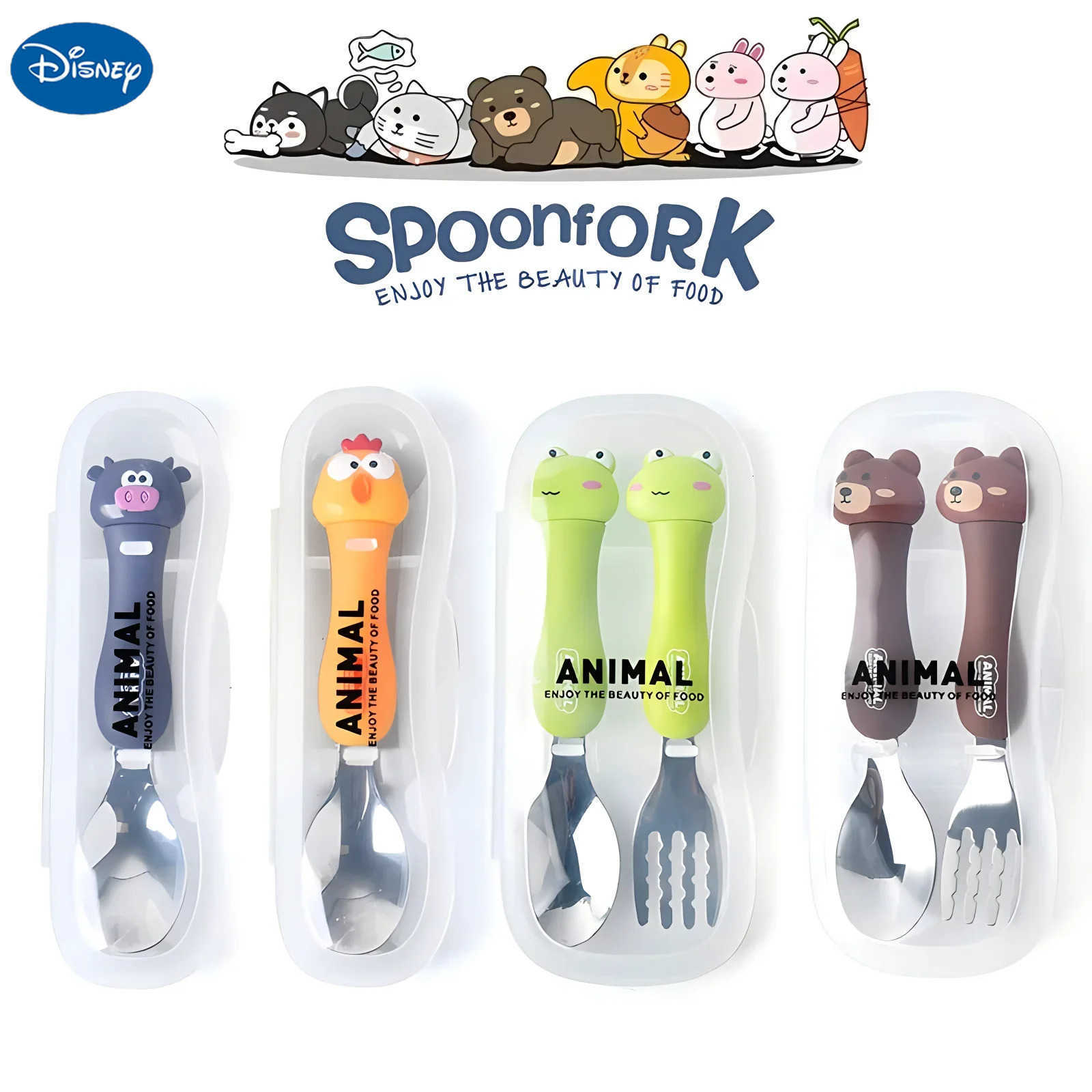 Disney Cartoon Animal Kids Spoon and Fork Set Dessert Spoon for Children Fork Baby Tableware Gadgets Childrens Cutlery Kids Favours H251215