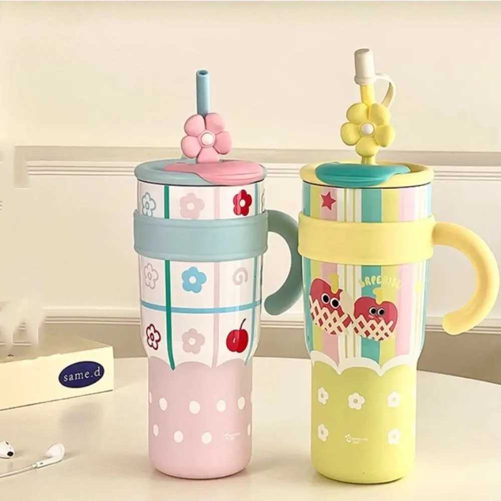 Cute 700ML/1200ML Insulated Cup Stainless Steel Cartoon Drinking Straw Cup Large Capacity with Handle Water Bottle H251215