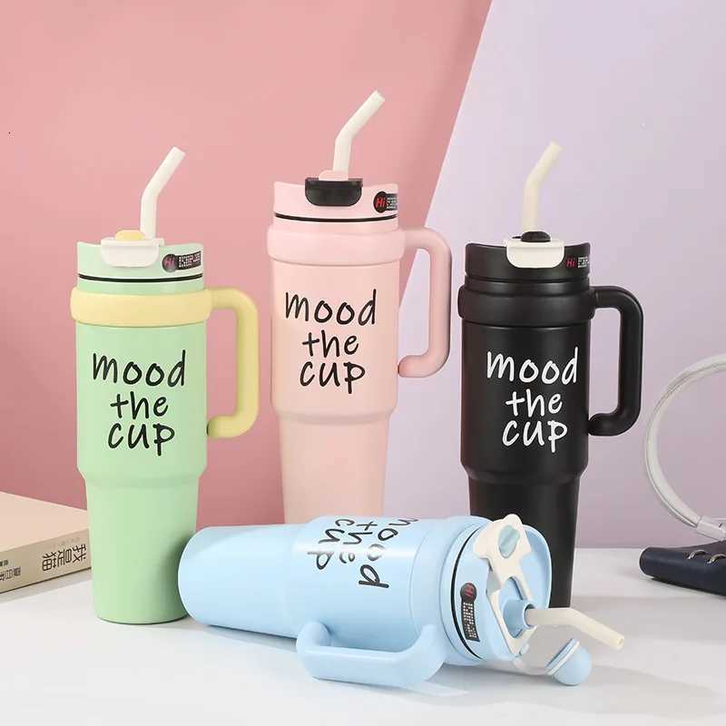 1000ml Thermos Beer Stainless steel insulated cup double-layer vacuum giant car cup large capacity straw ice cream cup wholesale H251215