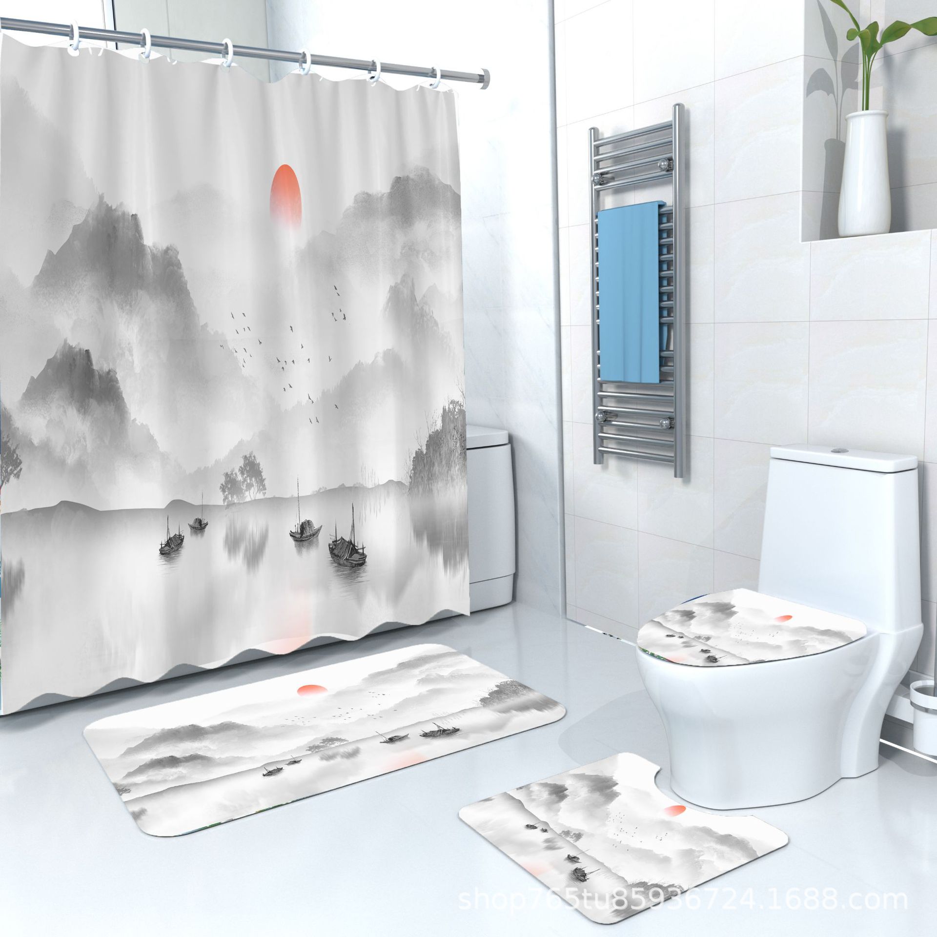 YL-37963 Eco-friendly shower curtain with heat transfer printing, waterproof, includes hooks, in stock.