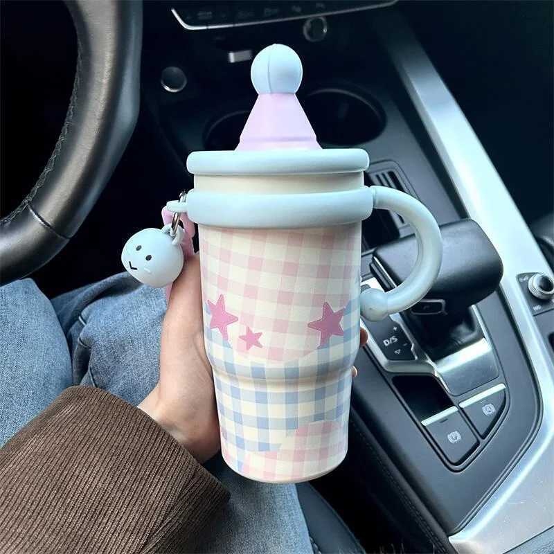 Kawaii Star Thermal Mug Large Insulated Coffee Tumbler Cute Portable Stainless Steel Thermos Bottle With Straw For Car Office H251215