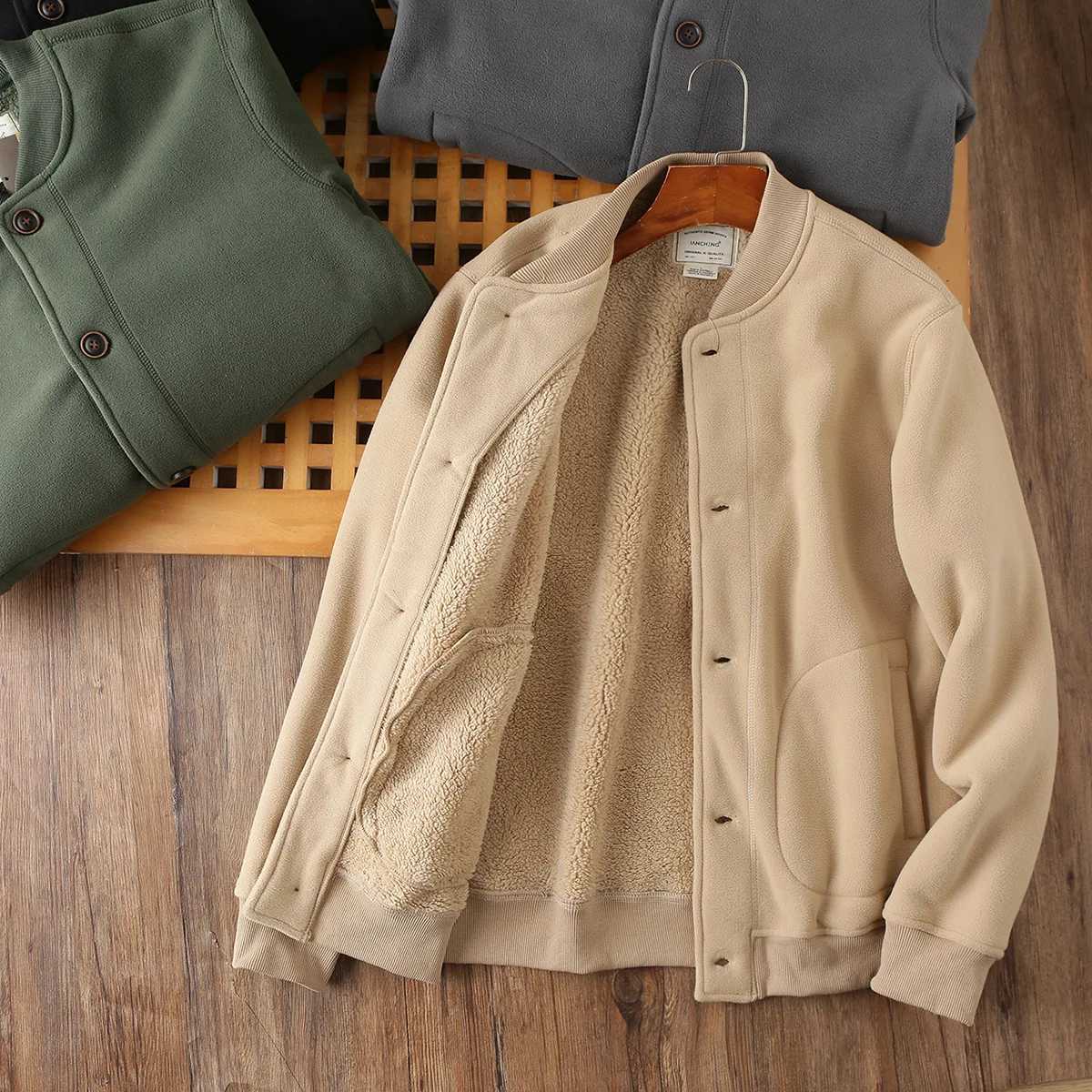 Mens Double-Sided Polar Fleece Jacket Winter Thickened Baseball Bomber Coat Mens Outdoor Sport Warm Zip-Up Hooded Jacket 2025 H251215