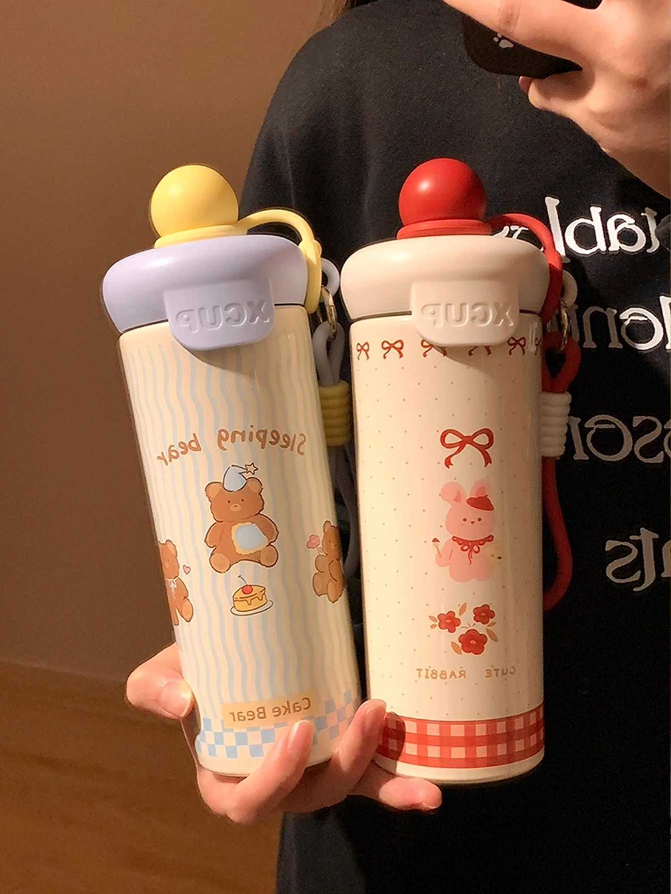 1pc 650ml cute and fashionable double-layer stainless steel insulated and chilled water bottle with a handle H251215