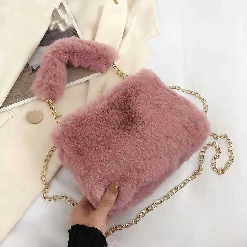 Autumn and Winter Fluffy Warm Shopper Totes Small Chain Crossbody Bag Fashion Square Faux Fur Shoulder Bag Plush HandbagT251215