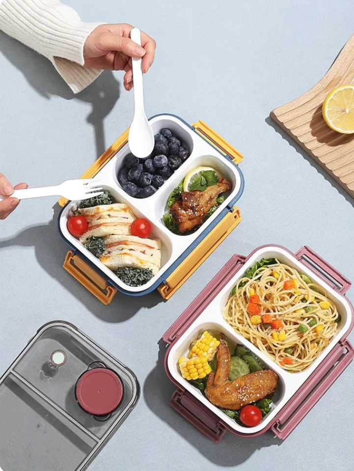 1PC Adt Microwaveable Plastic Lunch Box with Two/Three Cpartments Portable Student Food Container with Leak-Proof Lid H251213