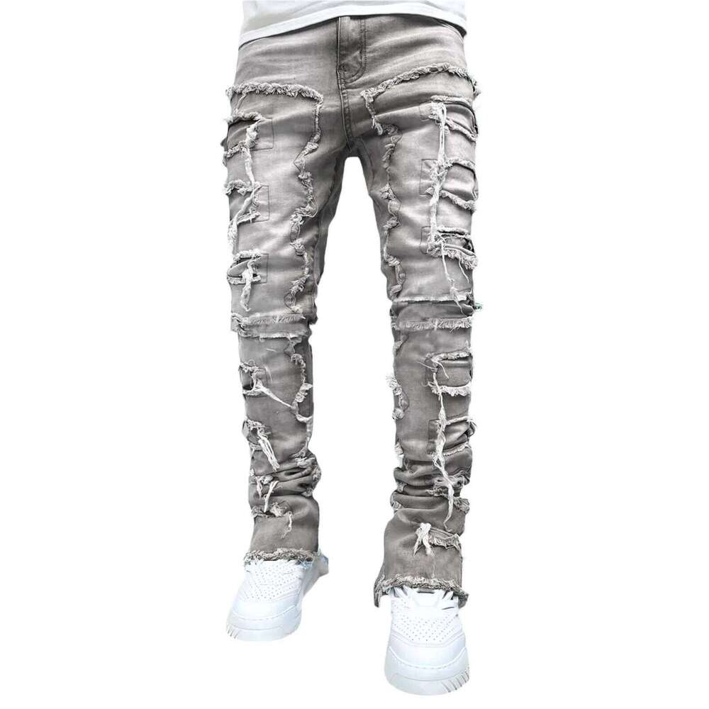 Men's Regular Stacked Jeans Ripped Slim Fit Patch Distressed Destroyed Straight Denim Pants Hip Hop Streetwear Trouser Cloth C251215