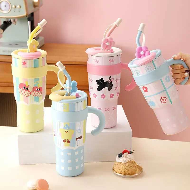 1Pieces 700/1200ml Stainless Steel Thermos Bottle Cute Ins Cat Straw Cup Large Capacity Water Bottle Car Outdoor Tableware H251215