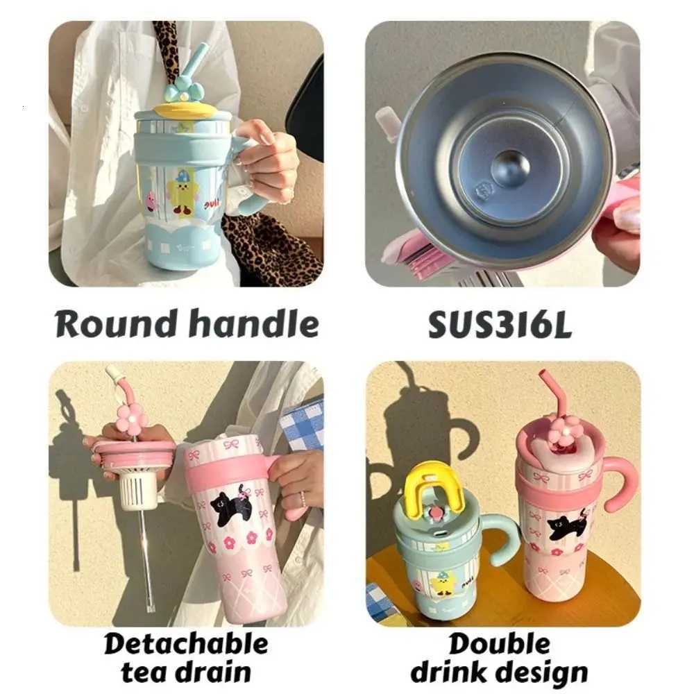 Cute 700ML/1200ML Insulated Cup Stainless Steel Cartoon Drinking Straw Cup Large Capacity with Handle Water Bottle H251215