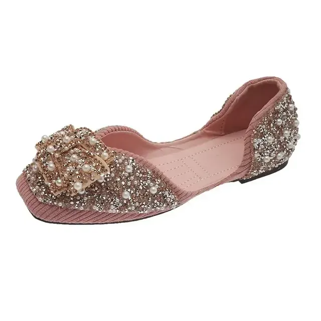 Women's slippers Korean version flat sole single shoes women's spring and summer new style shallow mouth pointed soft sole bow tie rhineston