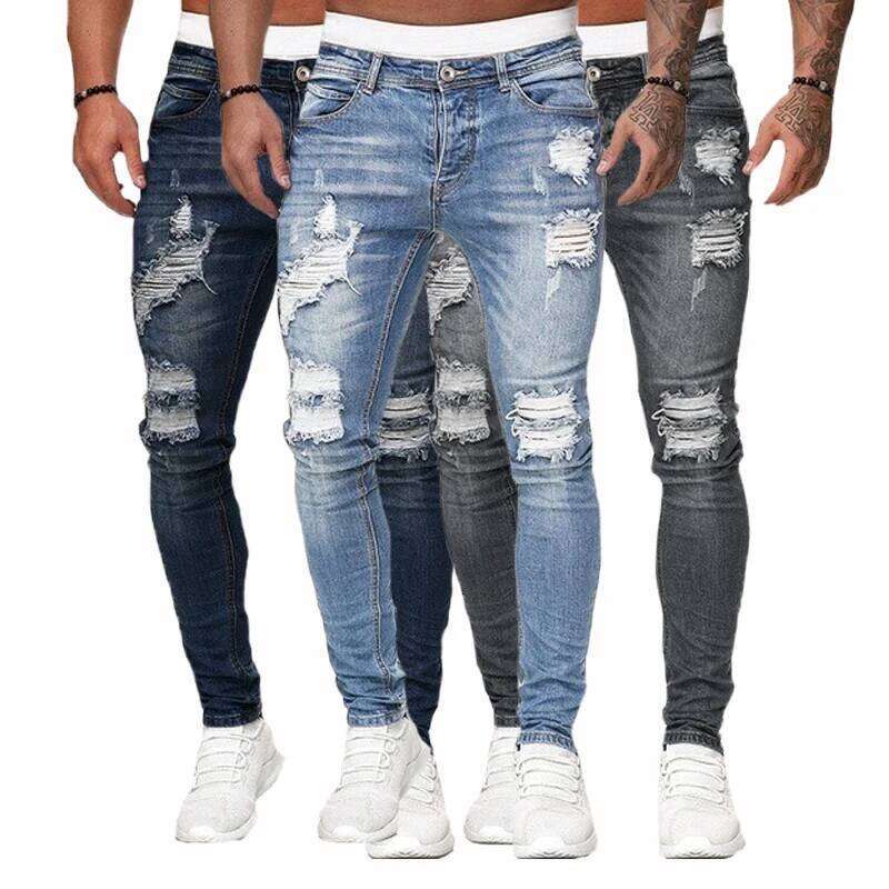 Sale Fashion Streetwear Ripped Skinny Jeans Men Vintage Wash Trouser Male Casual Slim Elasticity Denim Pants Hot C251215