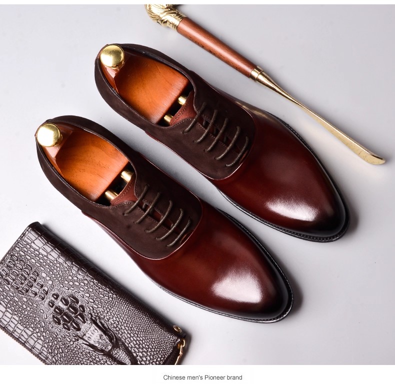 British Style Business Formal Shoes for Men Genuine Leather Pointed Toe Burgundy Oxford Wedding Groomsmen Shoes Large Sizes - view 7