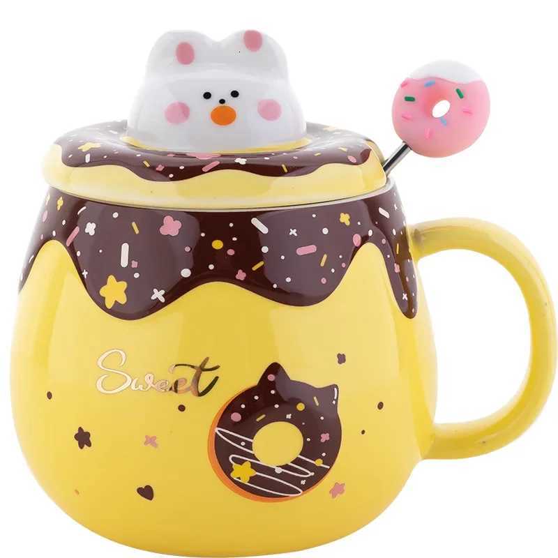 Cute Doughnut gs with Lid and Spoon High Appearance Ll Girls Coffee Cups He and Off Creative Ceramic Drinking Cups H251215