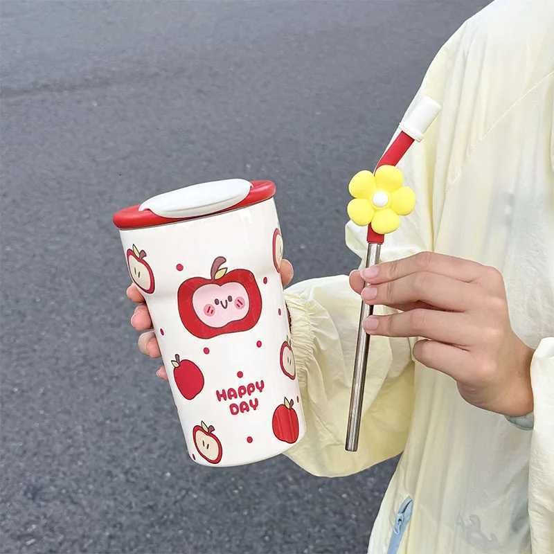 1pc Cute Cat Apple Insulated Water Cup 690ML Desktop Anti-Slip Straw CupDual-Drinking Coffee Mug H251215