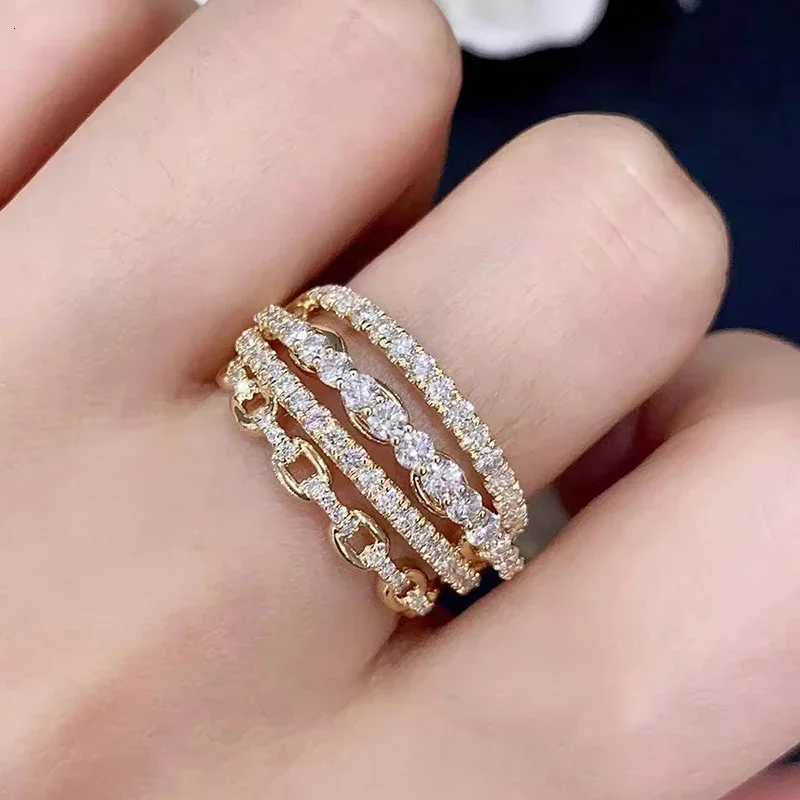 Huitan Multi-layers Design Lady Rings Gold Color Inlaid Shiny CZ Trendy Luxury Accessories Jewelry for Wedding Party Anniversary M251215