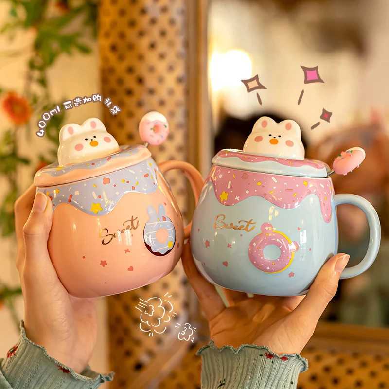 Cute Doughnut gs with Lid and Spoon High Appearance Ll Girls Coffee Cups He and Off Creative Ceramic Drinking Cups H251215