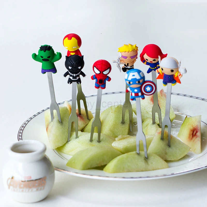 Disney Marvel Avengers Cutlery Anime Figure Iron Man Spiderman Hulk Stainless Steel Silicone 8pcs/Set Fruit Forks H251215