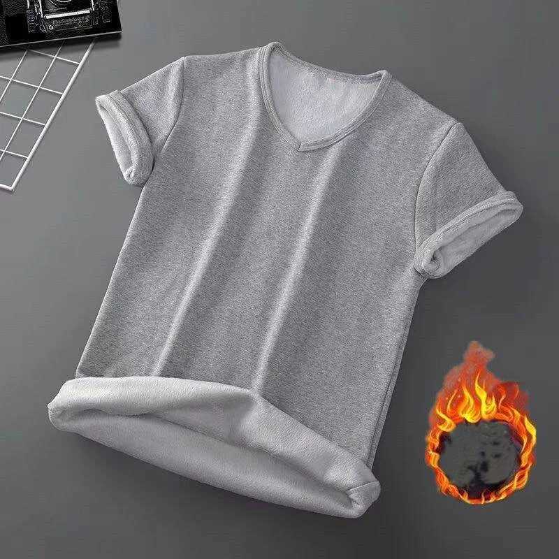 1pcs Mens V-neck Velvet Thermal T-shirts Man Solid Fleece-lined Lined Short Sleeves Tee Male Round-Neck Base Layer Pullover Tops G251215