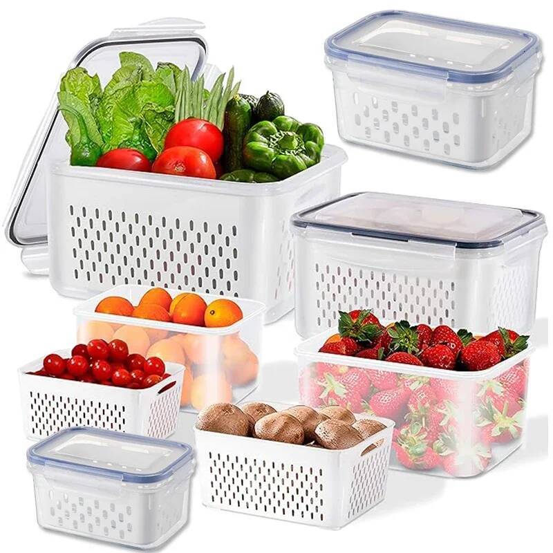 Fridge Food Container Set Lids With Strainer,Plastic Fresh Produce Saver Vegetable Fruit Meat Storage Organization