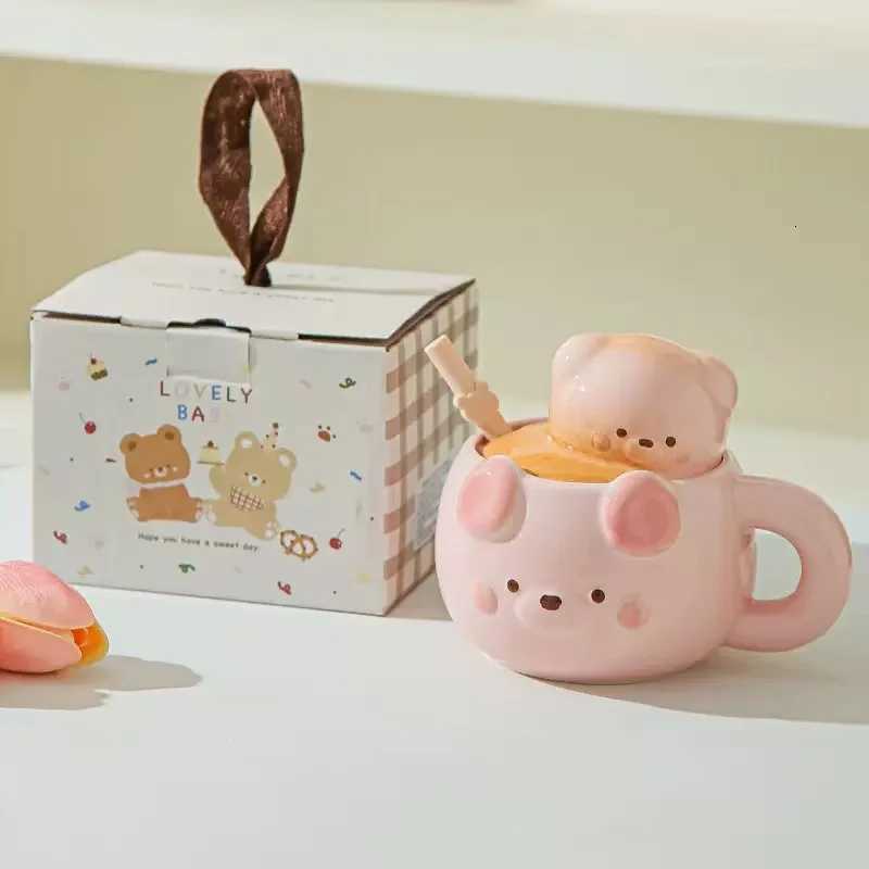 Cartoon Pig Bear Shaped Coffee g With Lid And Silicone Straw Ceramic Kids Water Cup Porcelain gs H251215