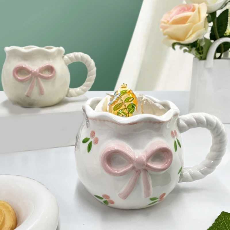 Ceramic Coffee Cup With Bows Pattern and Heat Resistant Finish Drinking g With Handle Drinkware for He Off Use H251215