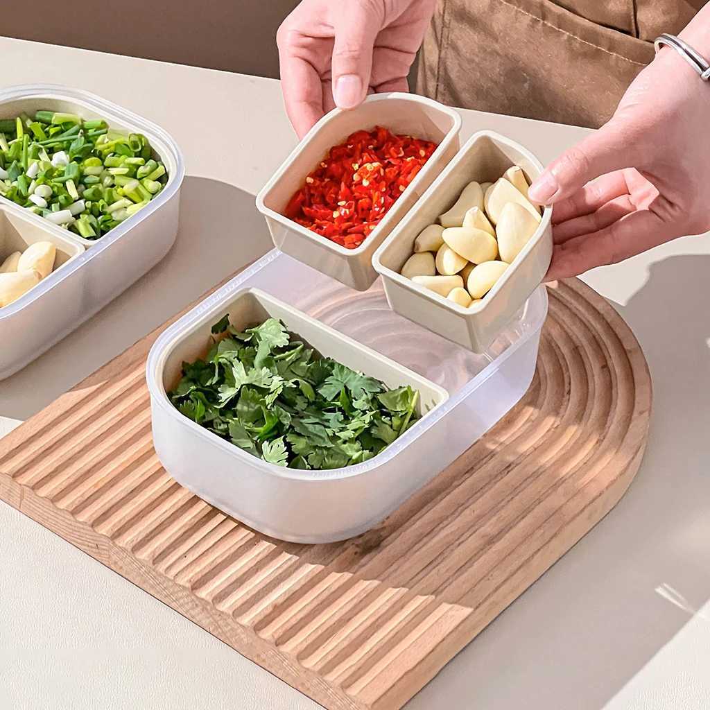 Refrigerator Storage Box With 3 Cpartment Scallion Ginger Garlic Storage Container Sed Meat Box Kitchen Organizer H251213