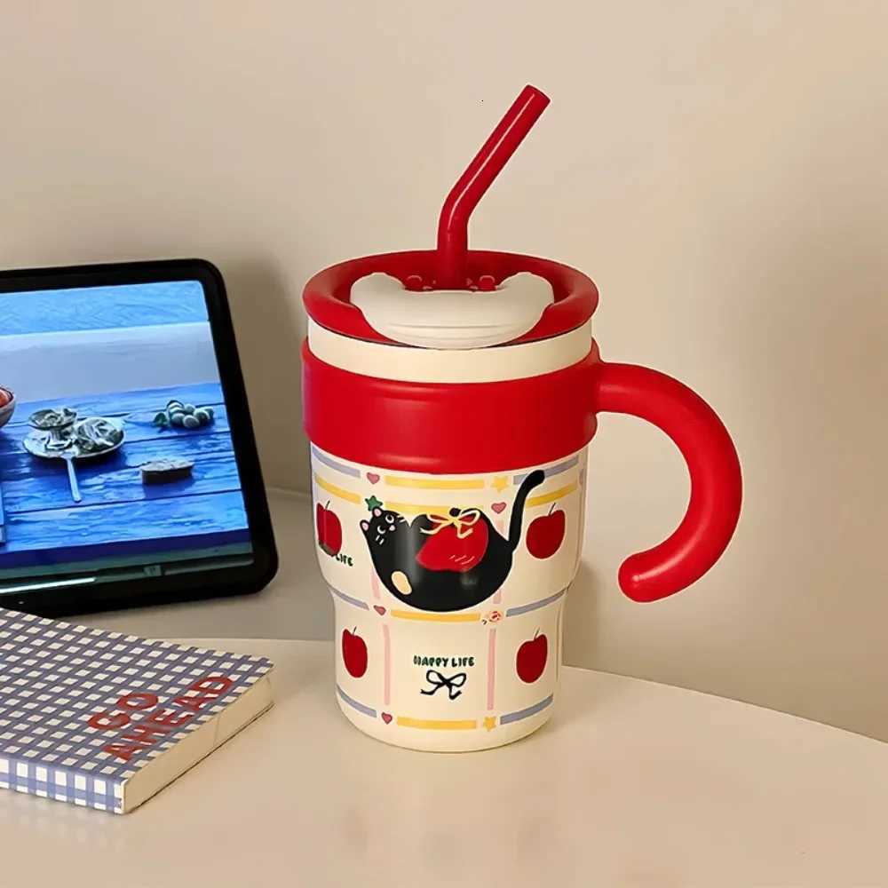 700ML Tumbler with Handle Lid Straw Cute Cat Thermos Cup Stainless Steel Water Bottle Outdoor Travel Car Coffee Mug Holiday Gift H251215
