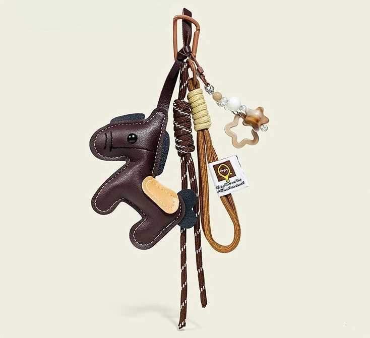 Cute Handmade Leather Pony Bag Charm Color-block Star Braided Cord Keychain Adorable Gift Accessory M251215
