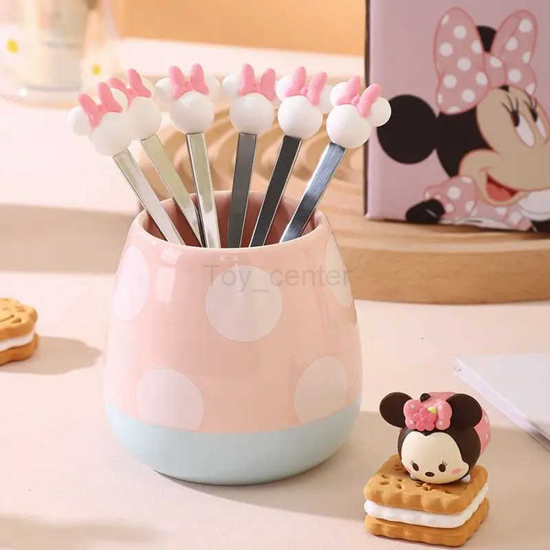 Disney Kawaii Mickey Minnie stainless steel fruit fork set household child safety fork with storage ceramic jar gift wholesale H251215