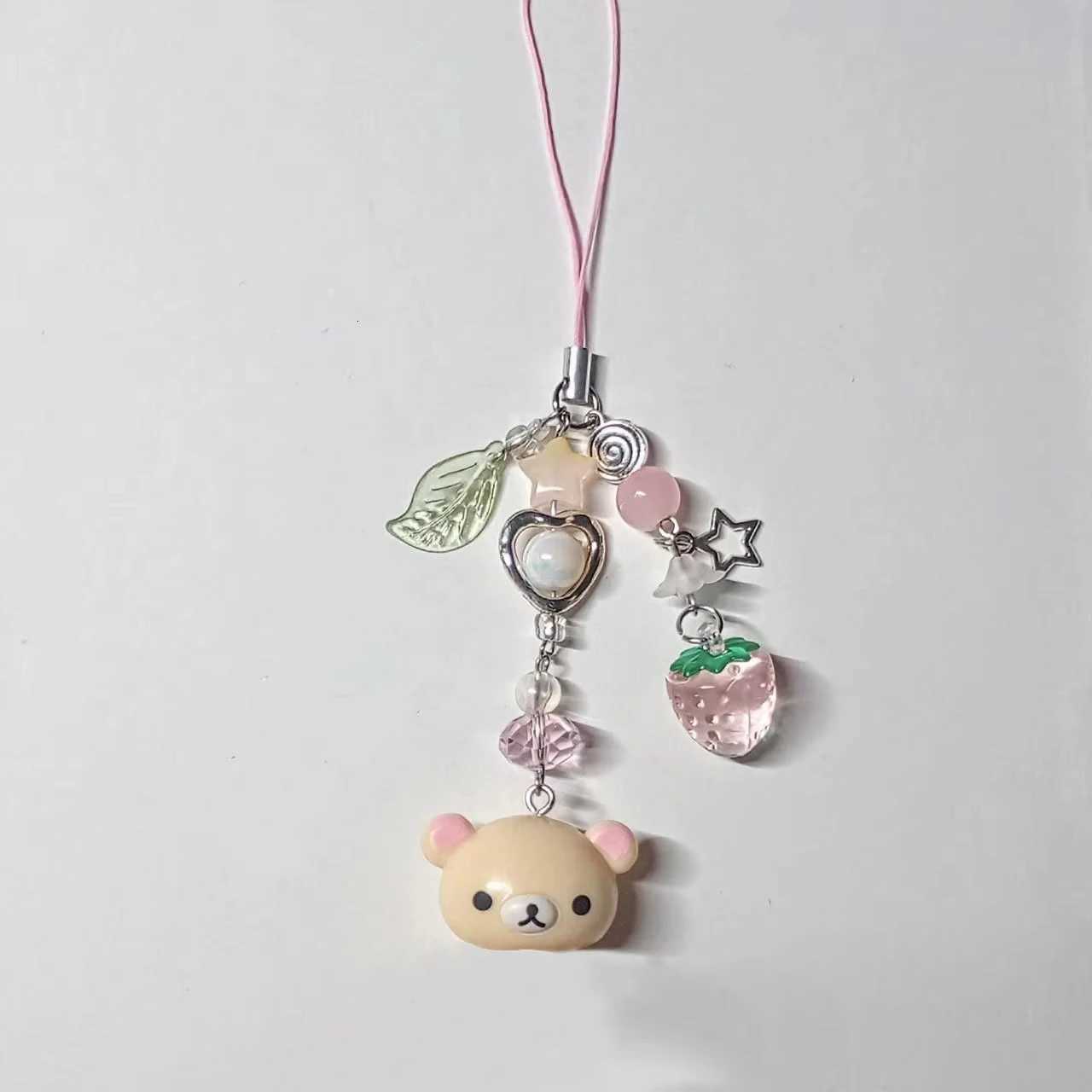 Kawaii Rilakkuma Bear Bell Keychain Y2K Handmade Phone Charm with Strawberry Star Beaded Pendant Matching Trendy Accessory M251215